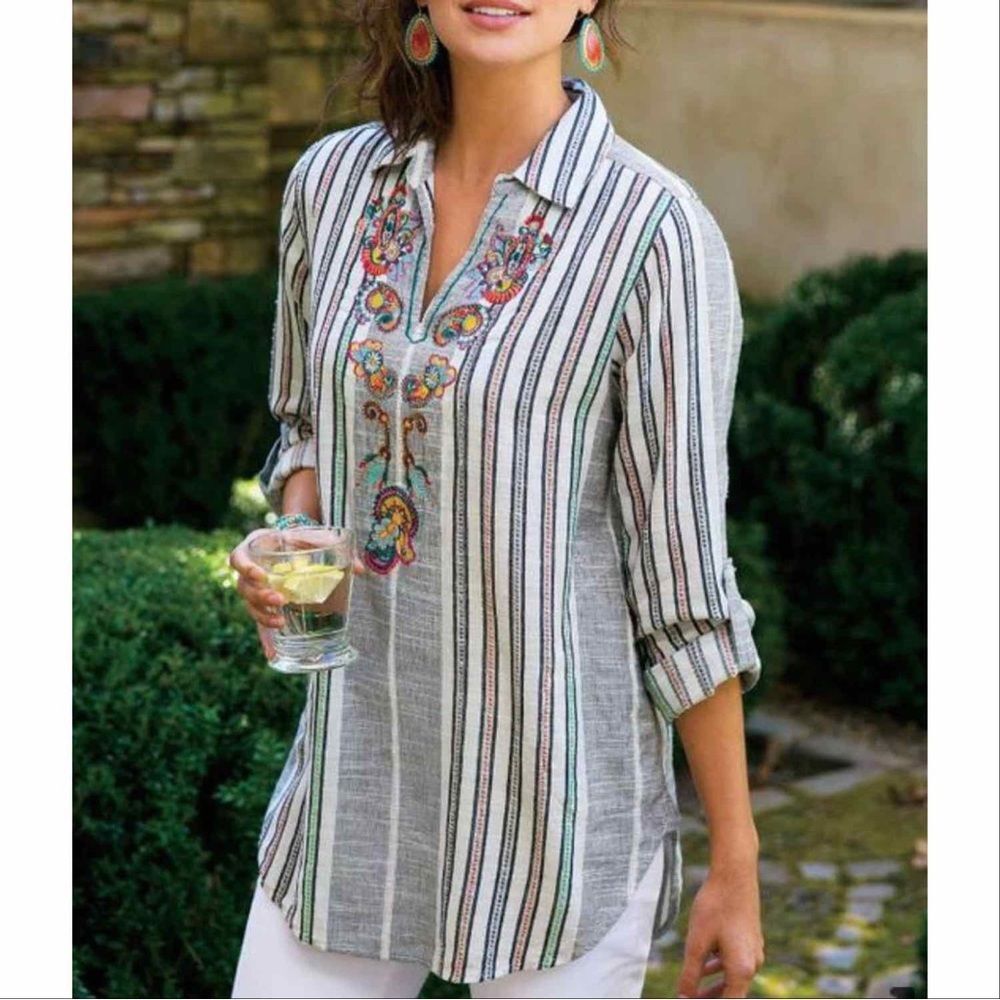 Soft Surroundings Aruba Popover Embroidered Stripe Tunic